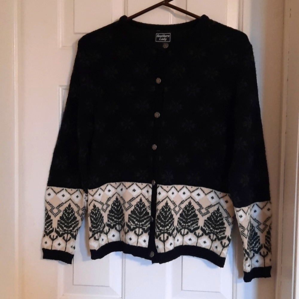 Vintage knitted snowflake and tree sweater button up holiday party